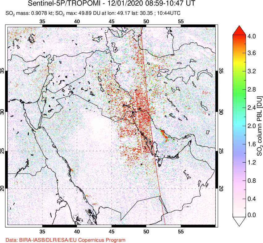 A sulfur dioxide image over Middle East on Dec 01, 2020.