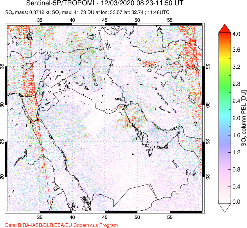 A sulfur dioxide image over Middle East on Dec 03, 2020.