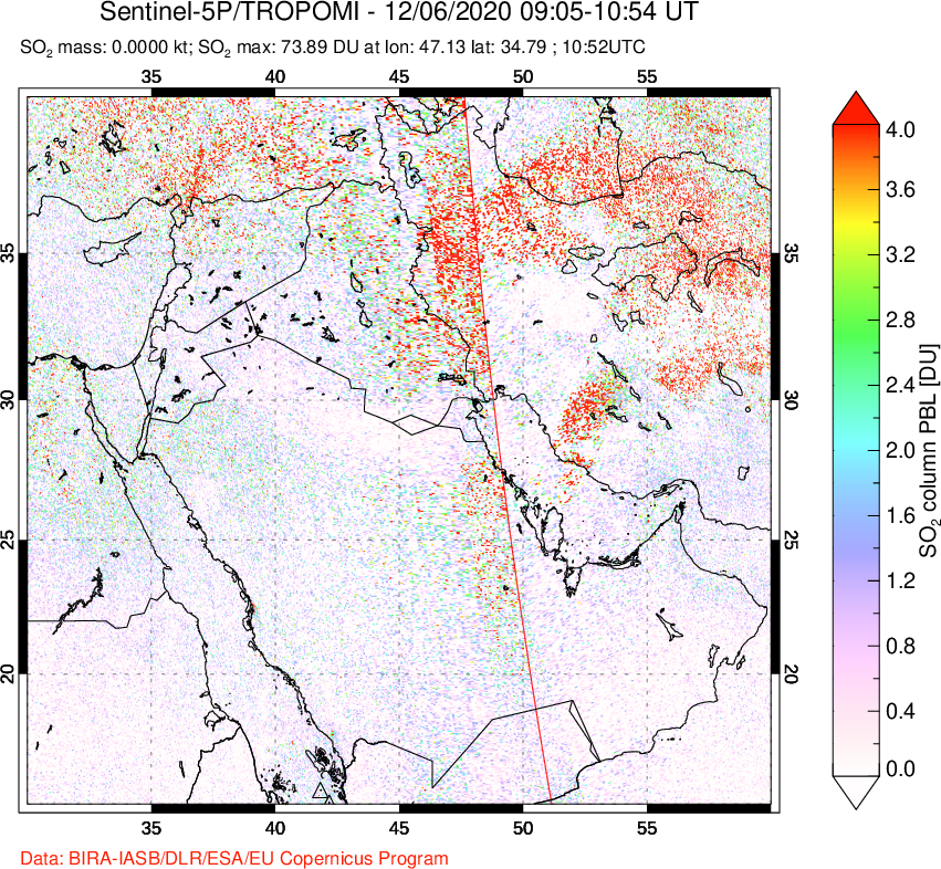 A sulfur dioxide image over Middle East on Dec 06, 2020.