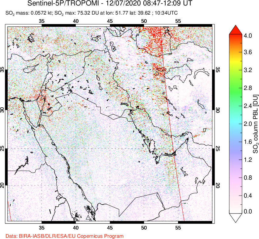 A sulfur dioxide image over Middle East on Dec 07, 2020.