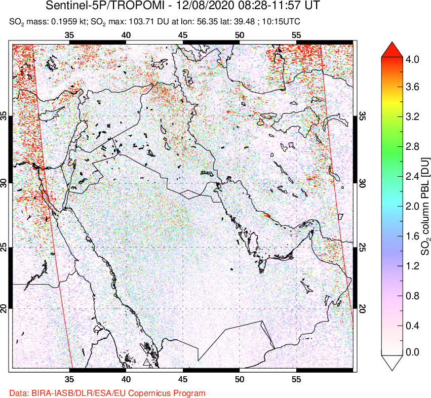 A sulfur dioxide image over Middle East on Dec 08, 2020.