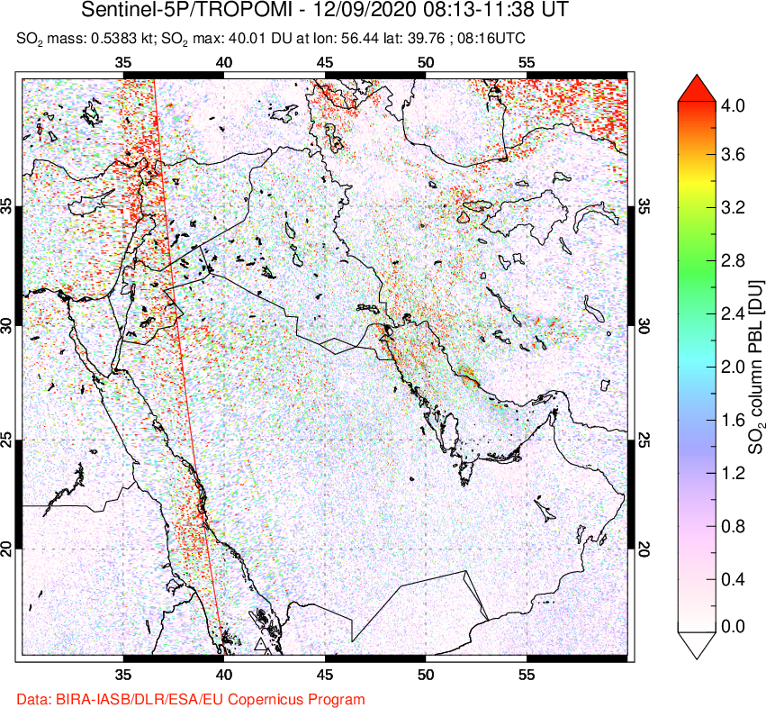 A sulfur dioxide image over Middle East on Dec 09, 2020.