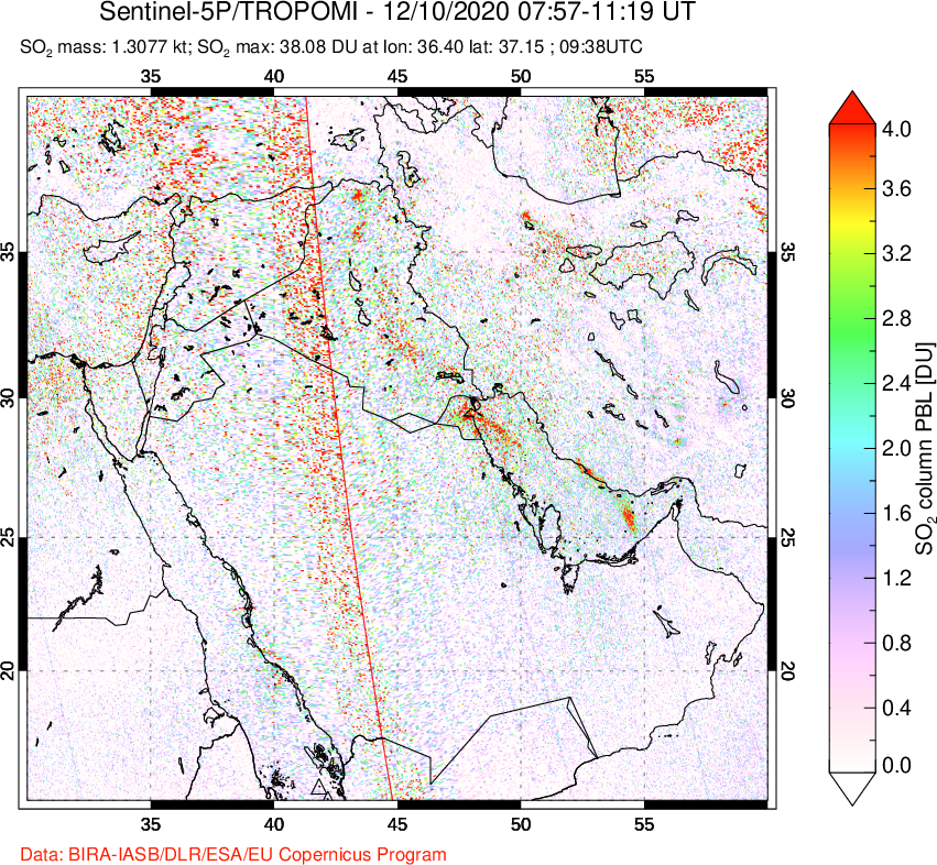 A sulfur dioxide image over Middle East on Dec 10, 2020.