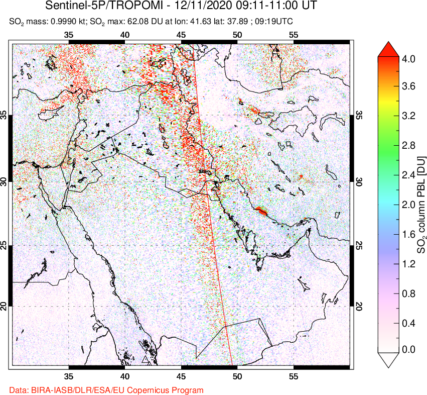 A sulfur dioxide image over Middle East on Dec 11, 2020.