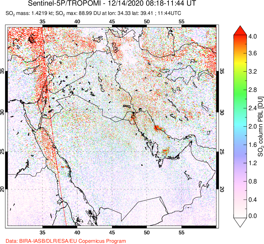 A sulfur dioxide image over Middle East on Dec 14, 2020.