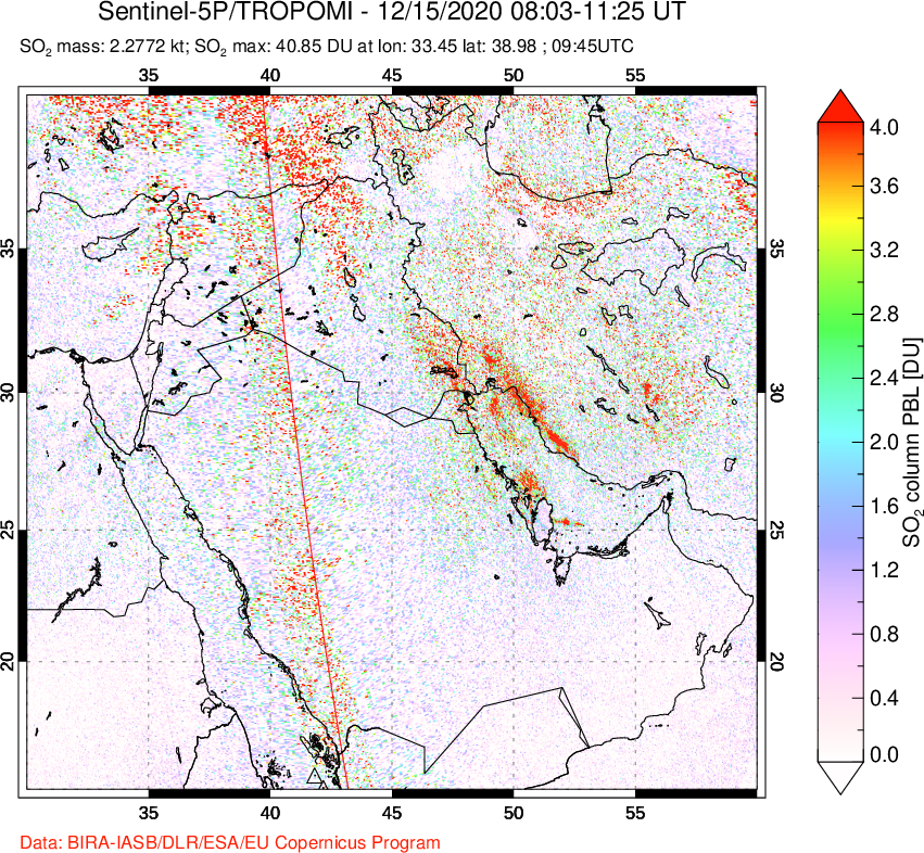 A sulfur dioxide image over Middle East on Dec 15, 2020.