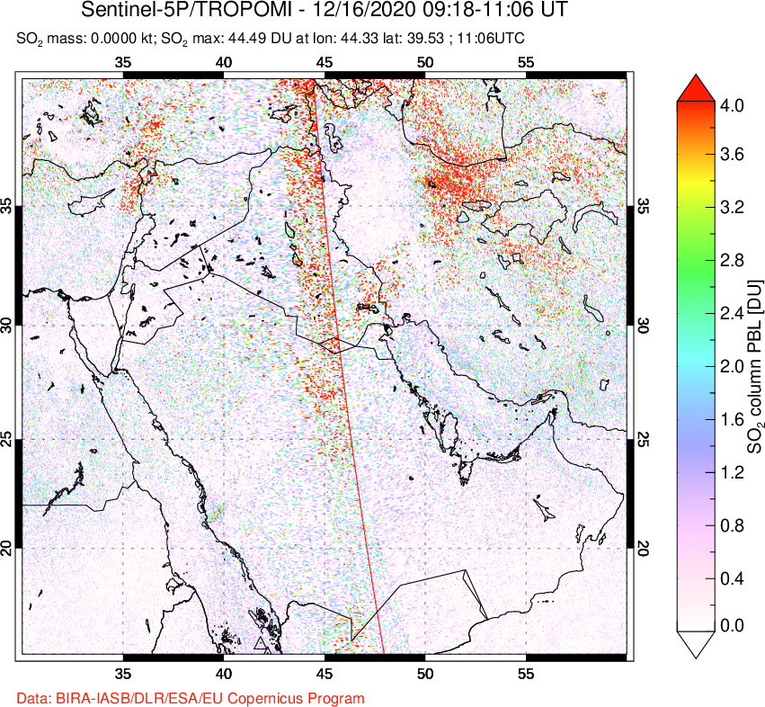 A sulfur dioxide image over Middle East on Dec 16, 2020.