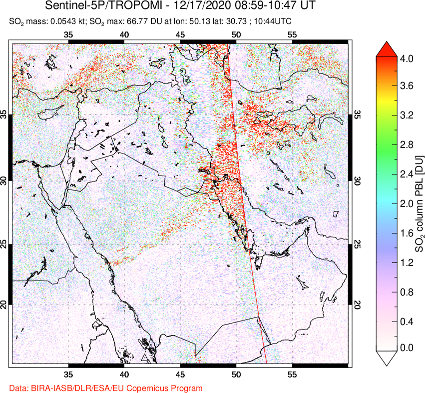 A sulfur dioxide image over Middle East on Dec 17, 2020.