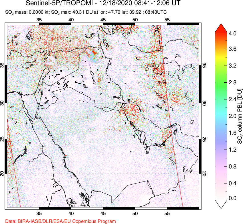 A sulfur dioxide image over Middle East on Dec 18, 2020.