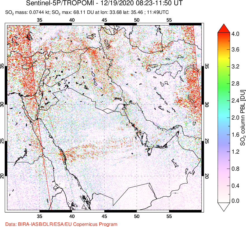 A sulfur dioxide image over Middle East on Dec 19, 2020.