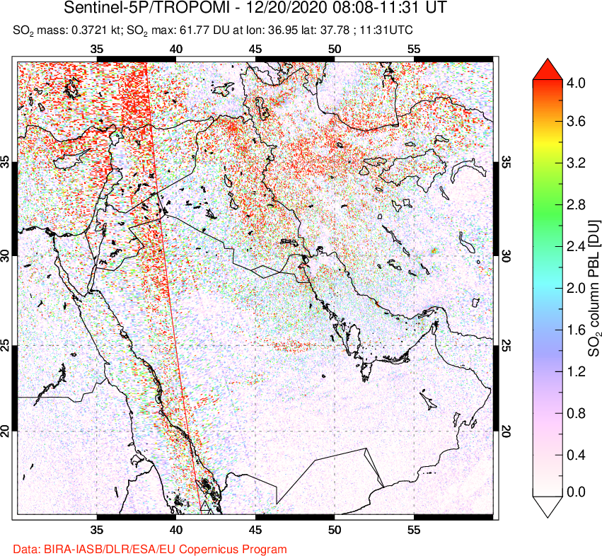 A sulfur dioxide image over Middle East on Dec 20, 2020.