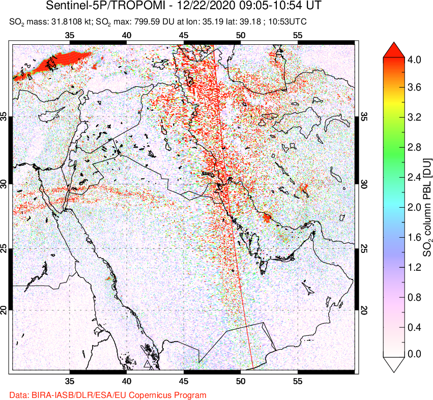 A sulfur dioxide image over Middle East on Dec 22, 2020.