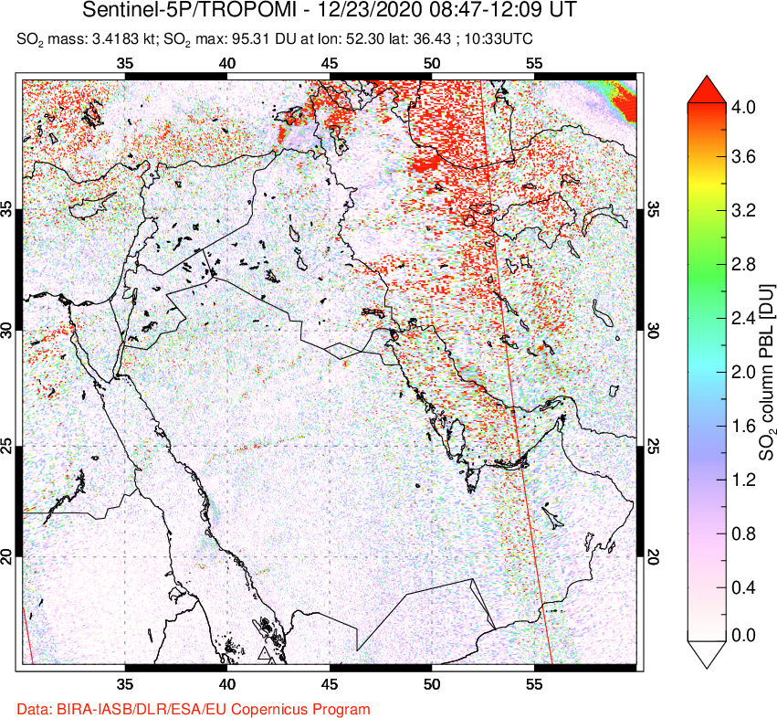 A sulfur dioxide image over Middle East on Dec 23, 2020.