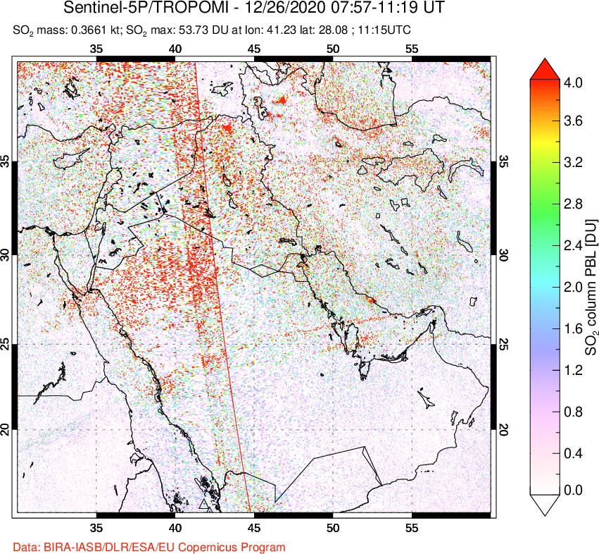 A sulfur dioxide image over Middle East on Dec 26, 2020.