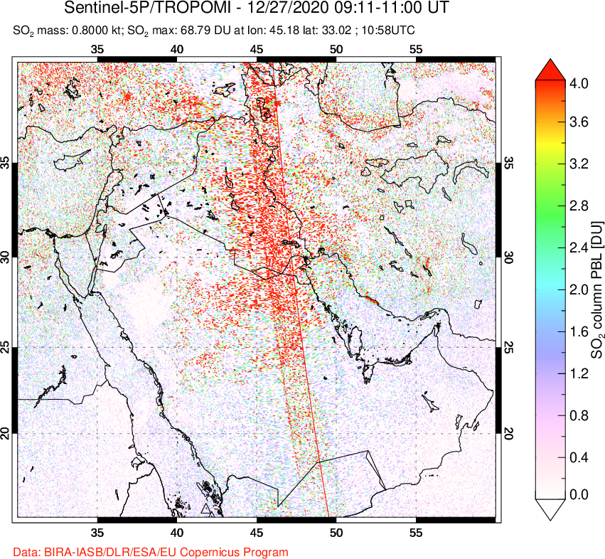 A sulfur dioxide image over Middle East on Dec 27, 2020.