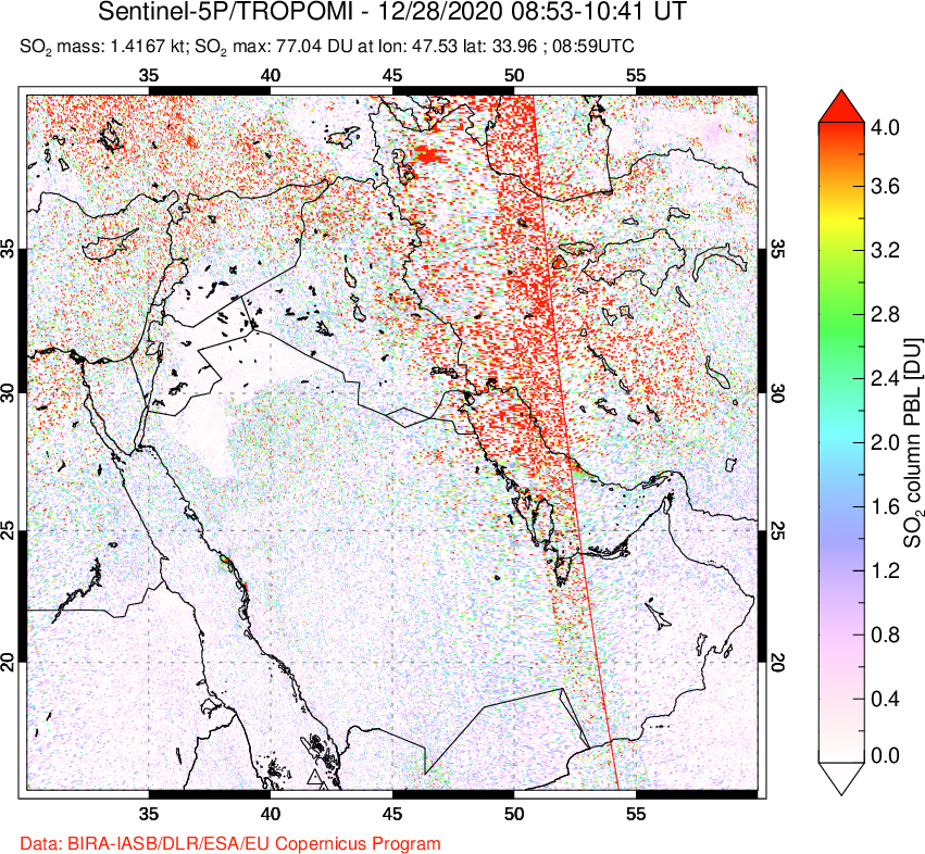 A sulfur dioxide image over Middle East on Dec 28, 2020.