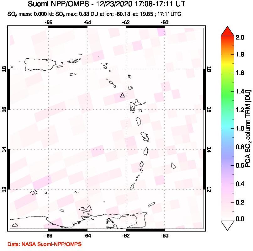 A sulfur dioxide image over Montserrat, West Indies on Dec 23, 2020.