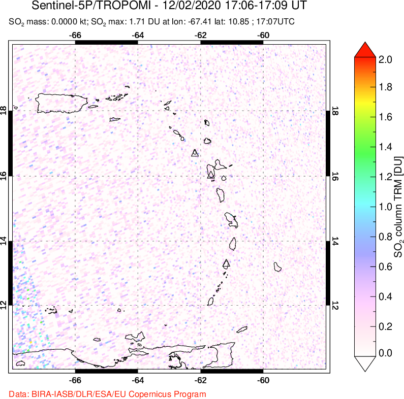 A sulfur dioxide image over Montserrat, West Indies on Dec 02, 2020.