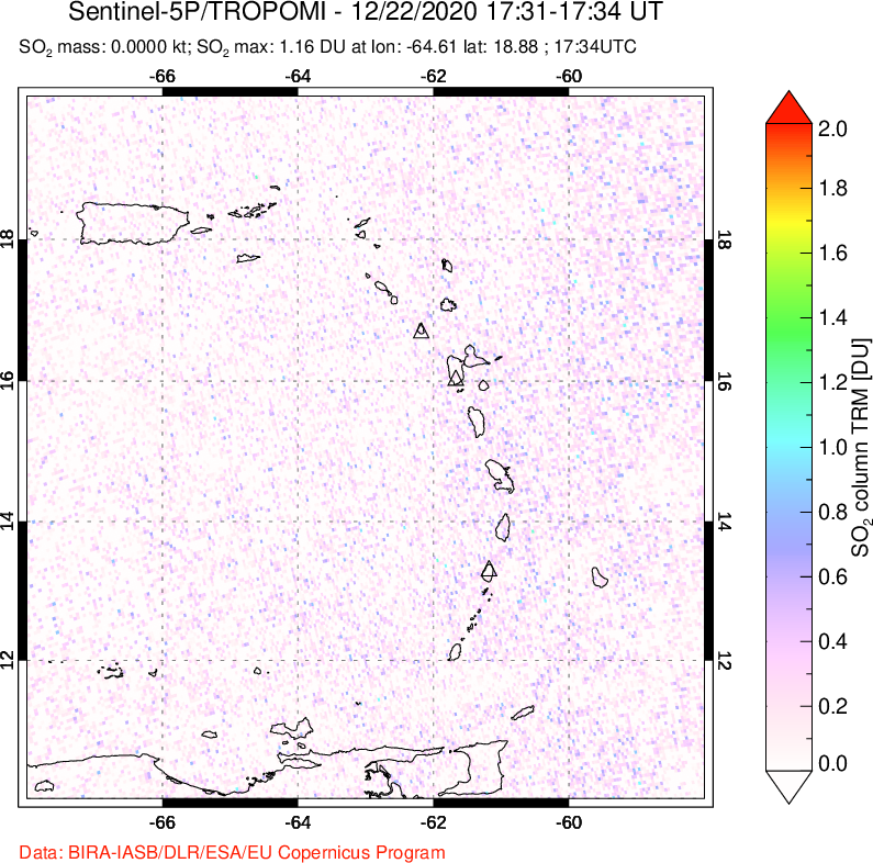 A sulfur dioxide image over Montserrat, West Indies on Dec 22, 2020.