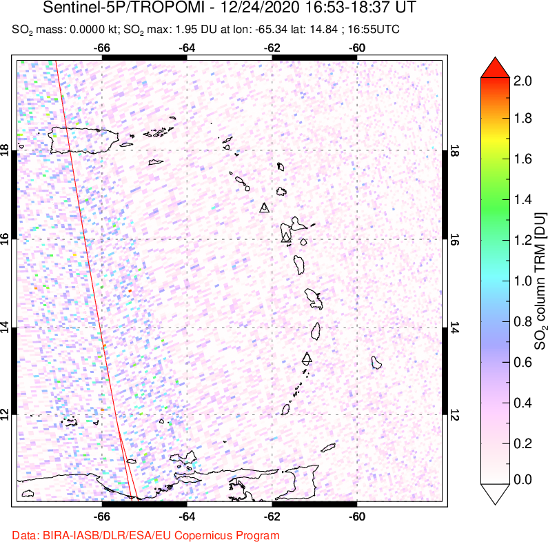 A sulfur dioxide image over Montserrat, West Indies on Dec 24, 2020.