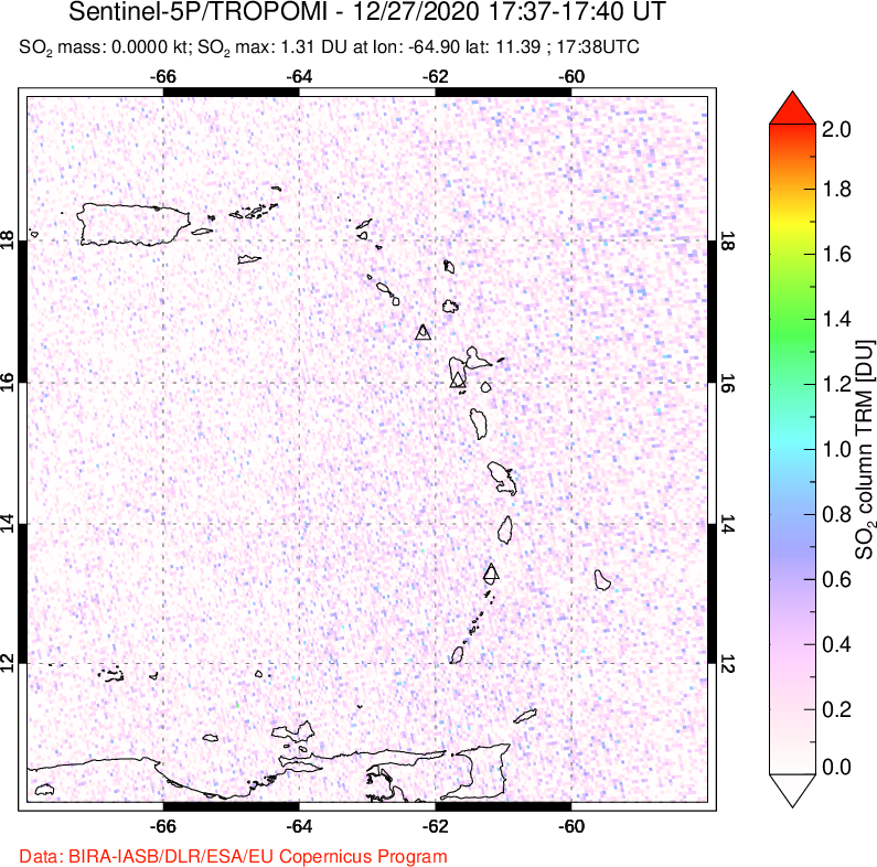 A sulfur dioxide image over Montserrat, West Indies on Dec 27, 2020.