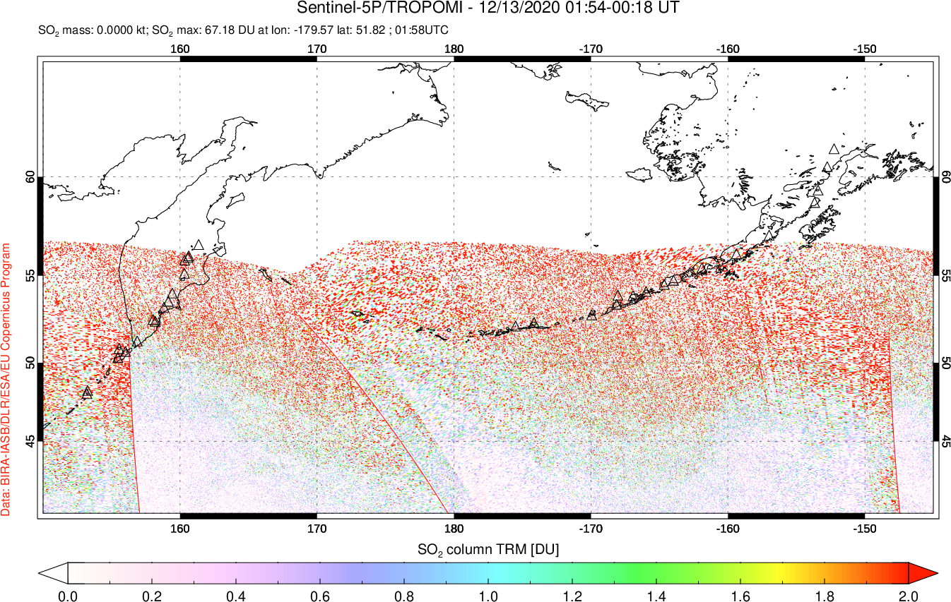 A sulfur dioxide image over North Pacific on Dec 13, 2020.