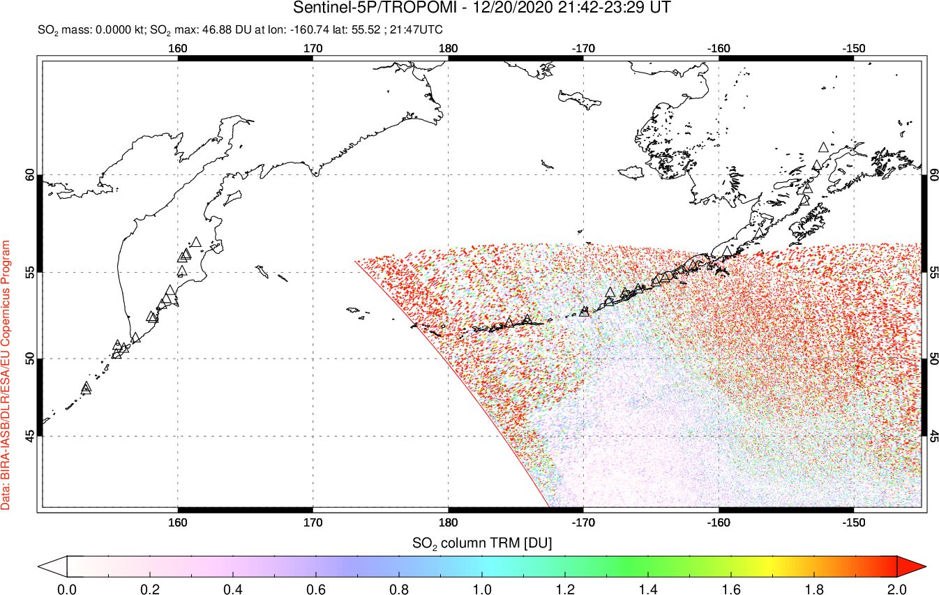 A sulfur dioxide image over North Pacific on Dec 20, 2020.
