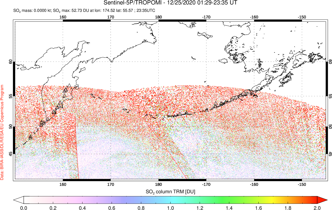 A sulfur dioxide image over North Pacific on Dec 25, 2020.