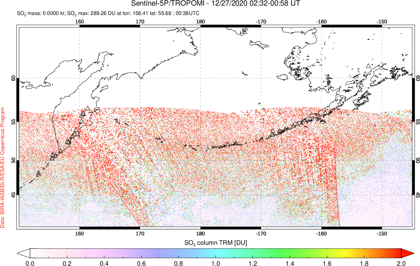 A sulfur dioxide image over North Pacific on Dec 27, 2020.