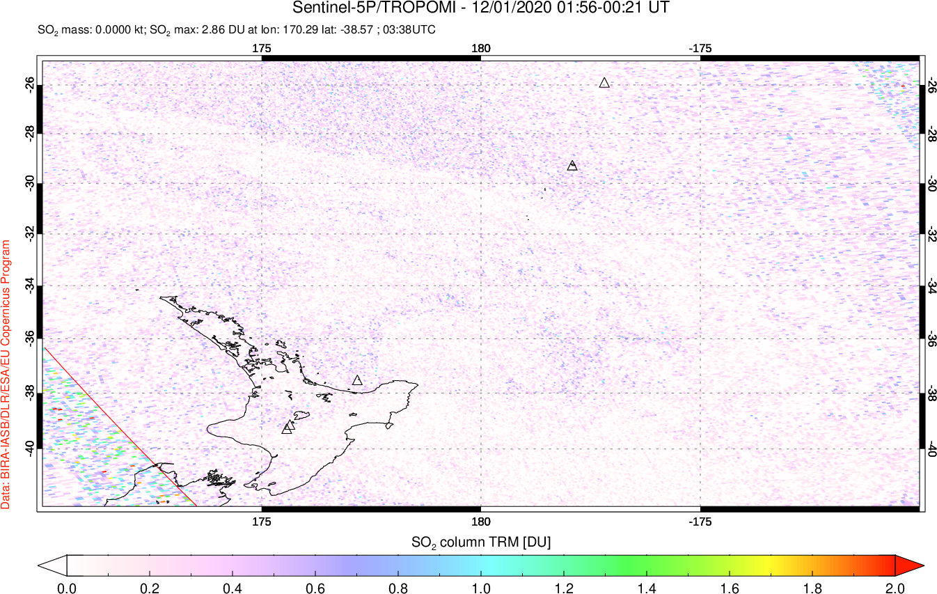 A sulfur dioxide image over New Zealand on Dec 01, 2020.
