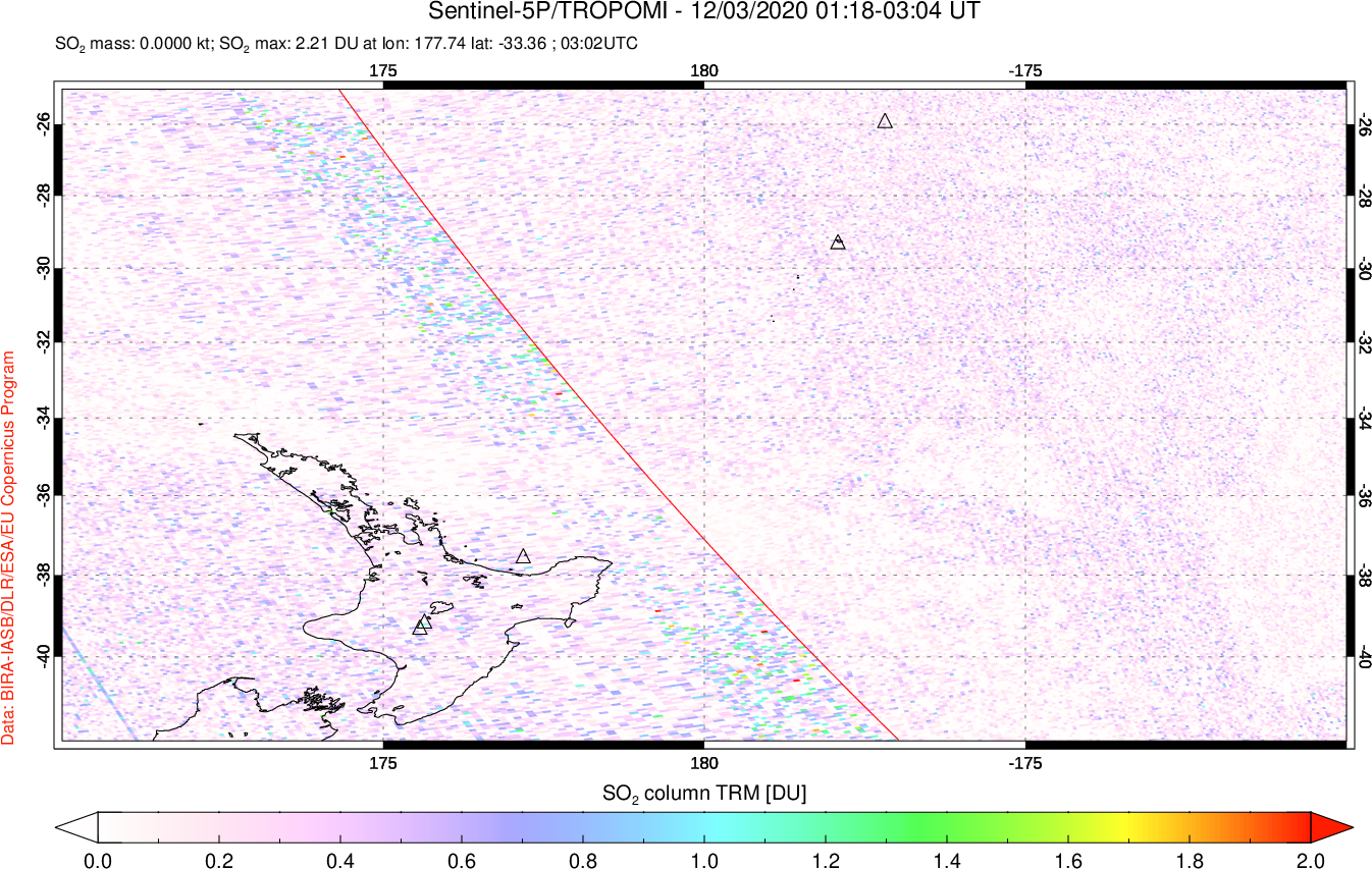A sulfur dioxide image over New Zealand on Dec 03, 2020.
