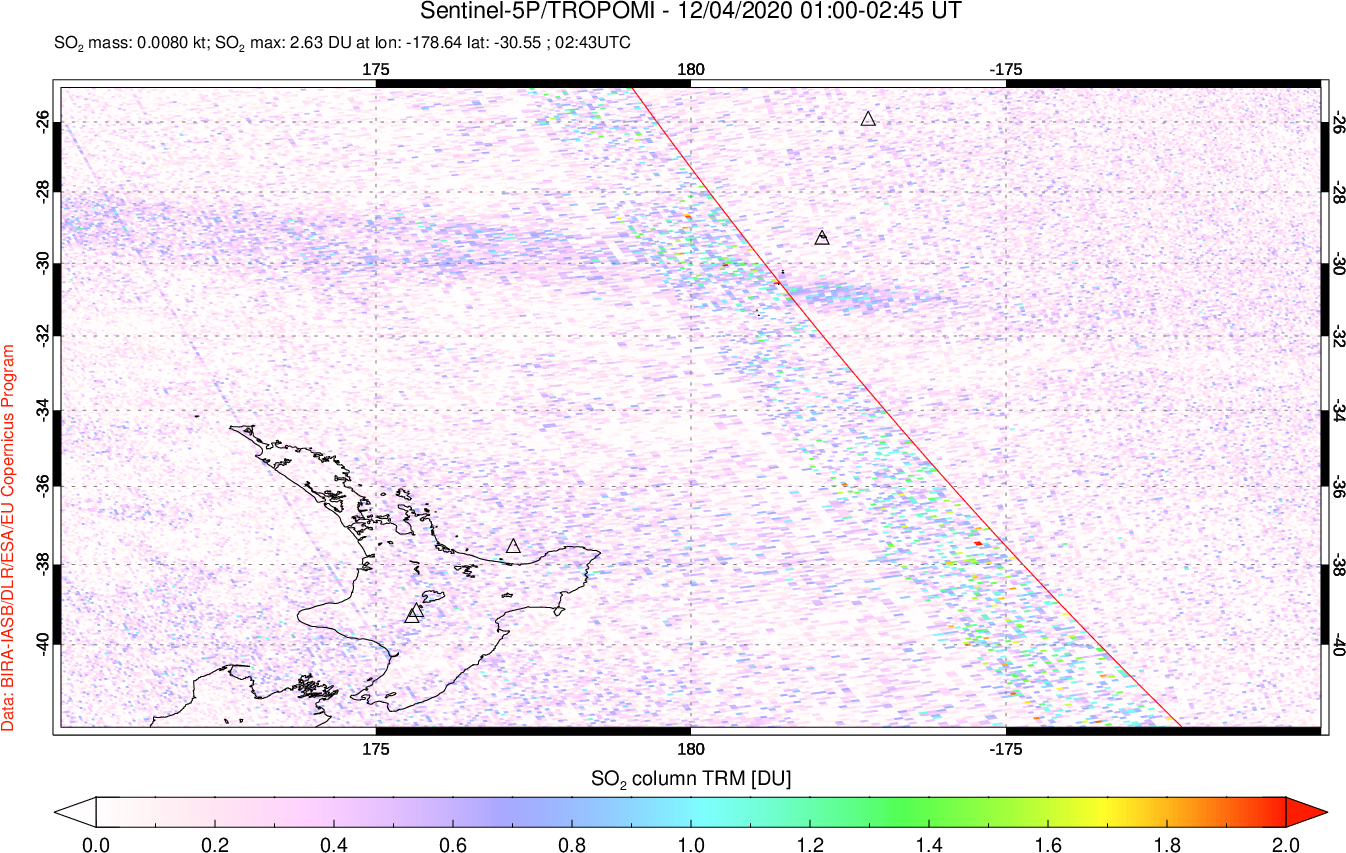 A sulfur dioxide image over New Zealand on Dec 04, 2020.