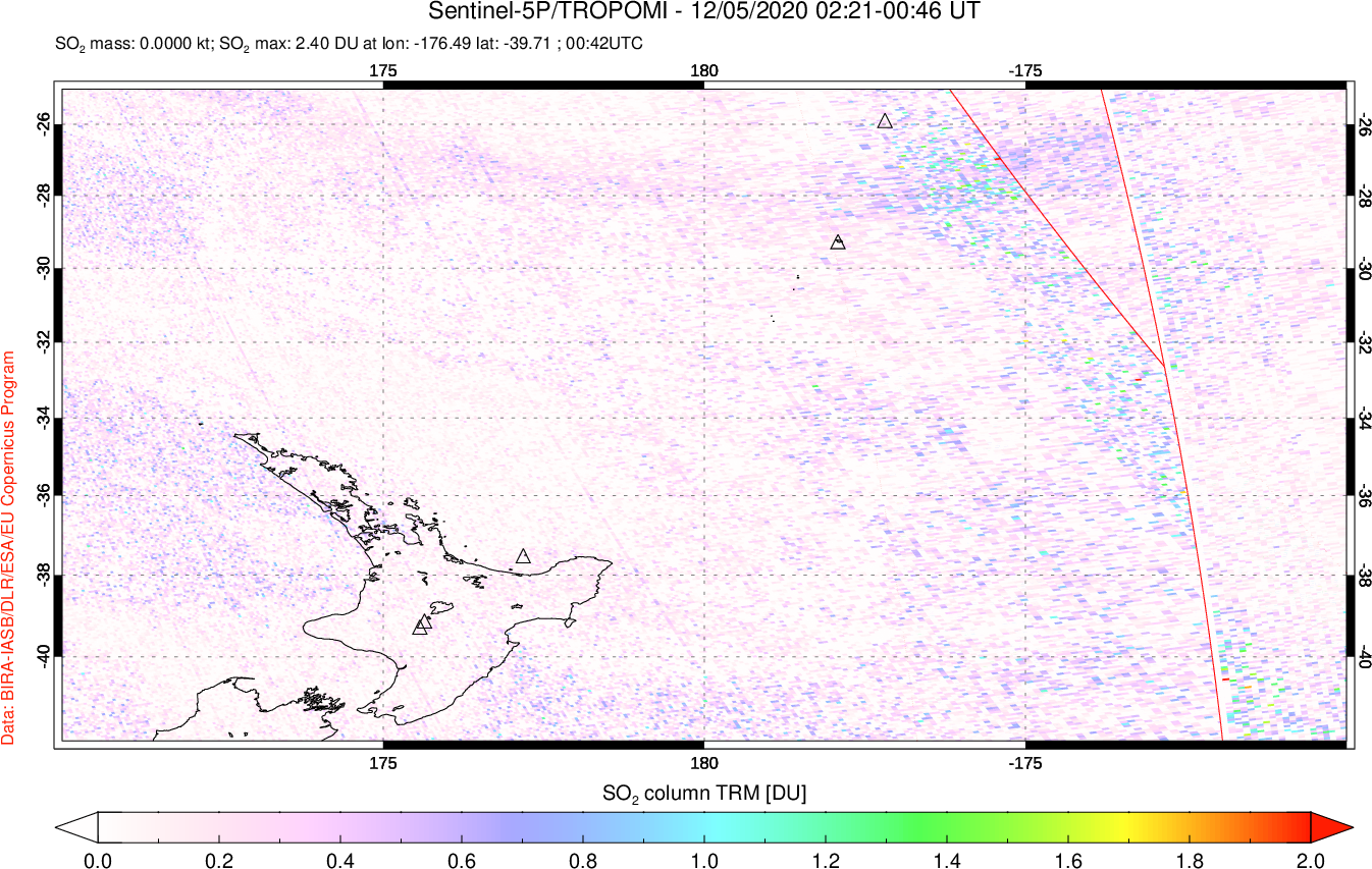 A sulfur dioxide image over New Zealand on Dec 05, 2020.