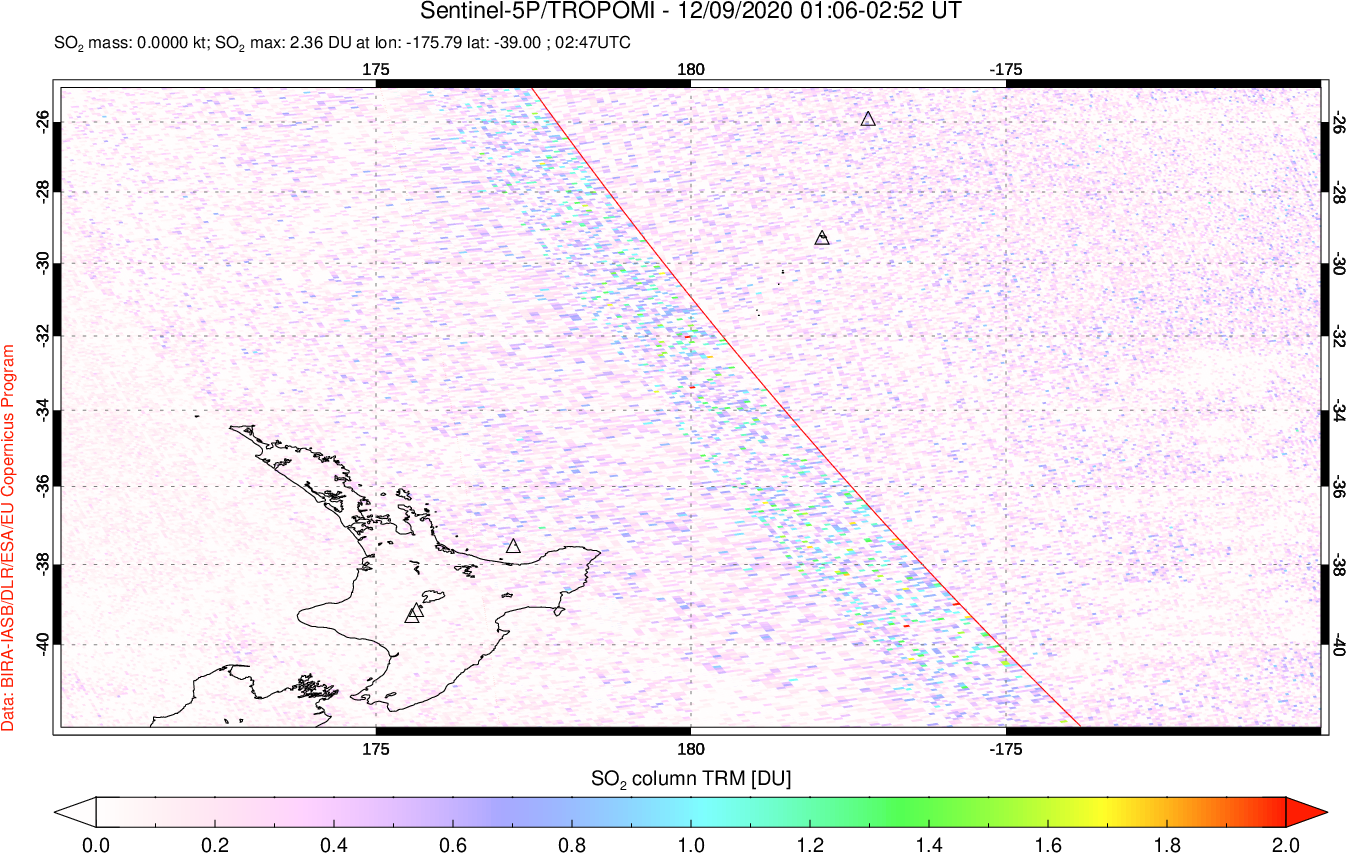 A sulfur dioxide image over New Zealand on Dec 09, 2020.