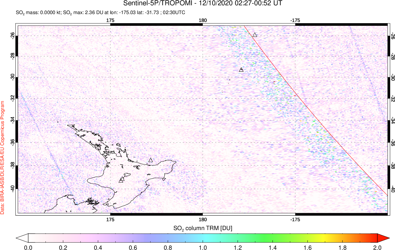 A sulfur dioxide image over New Zealand on Dec 10, 2020.