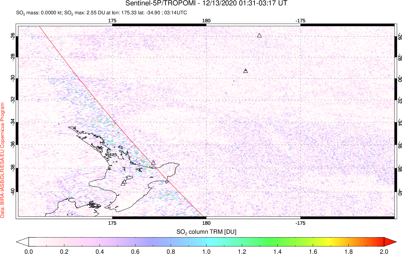 A sulfur dioxide image over New Zealand on Dec 13, 2020.