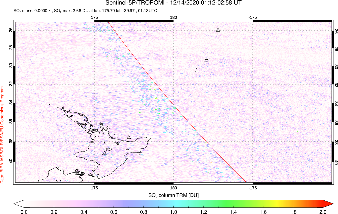 A sulfur dioxide image over New Zealand on Dec 14, 2020.