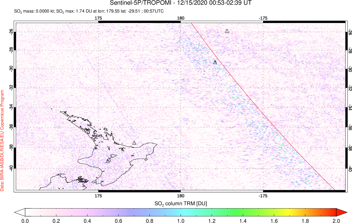 A sulfur dioxide image over New Zealand on Dec 15, 2020.