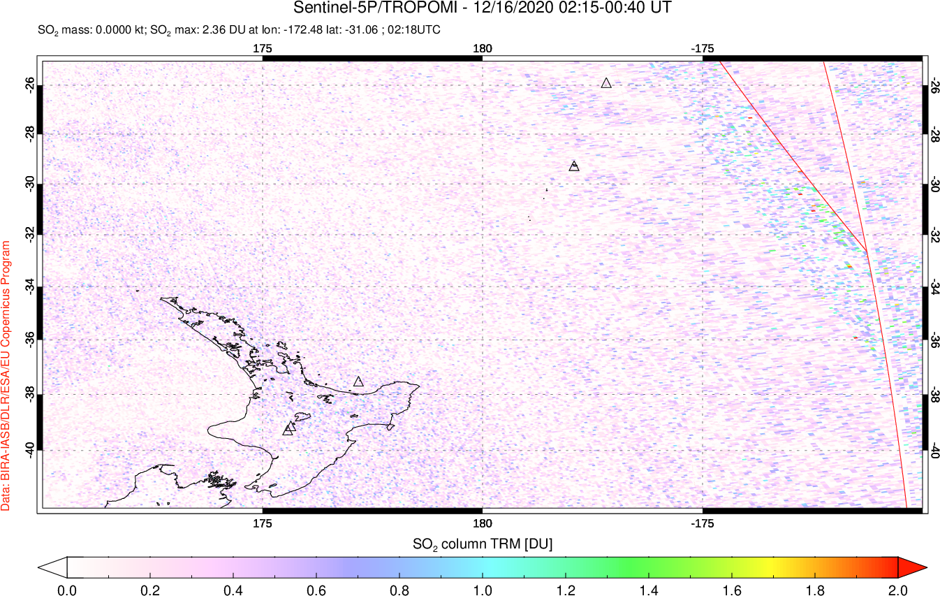 A sulfur dioxide image over New Zealand on Dec 16, 2020.