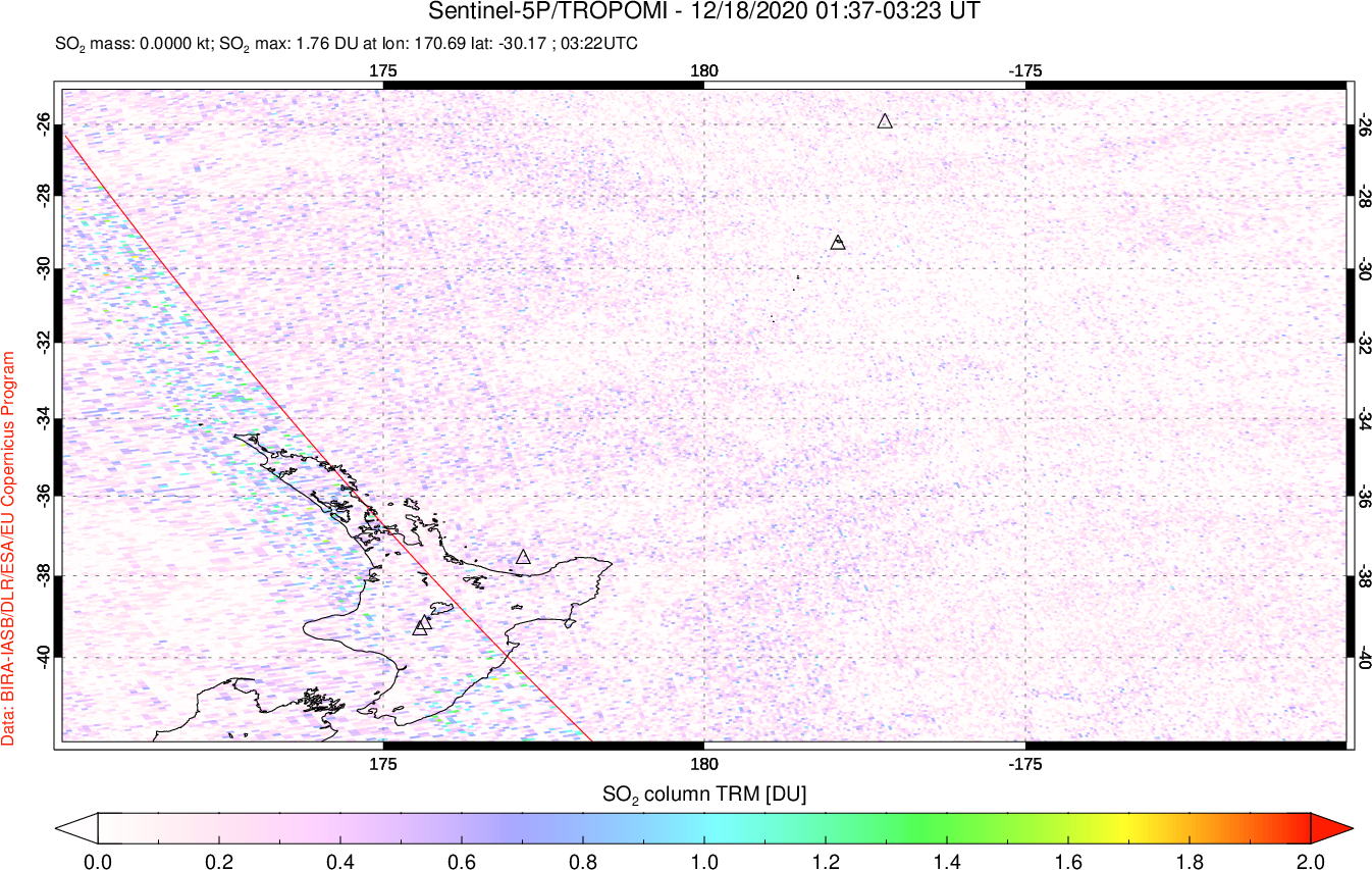 A sulfur dioxide image over New Zealand on Dec 18, 2020.