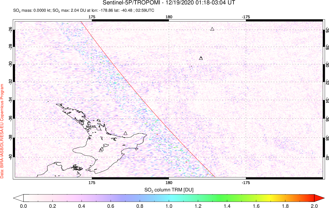 A sulfur dioxide image over New Zealand on Dec 19, 2020.