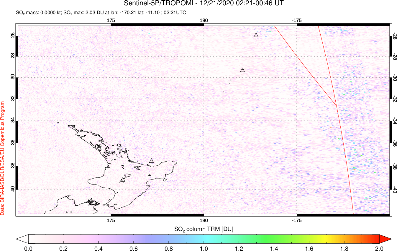 A sulfur dioxide image over New Zealand on Dec 21, 2020.