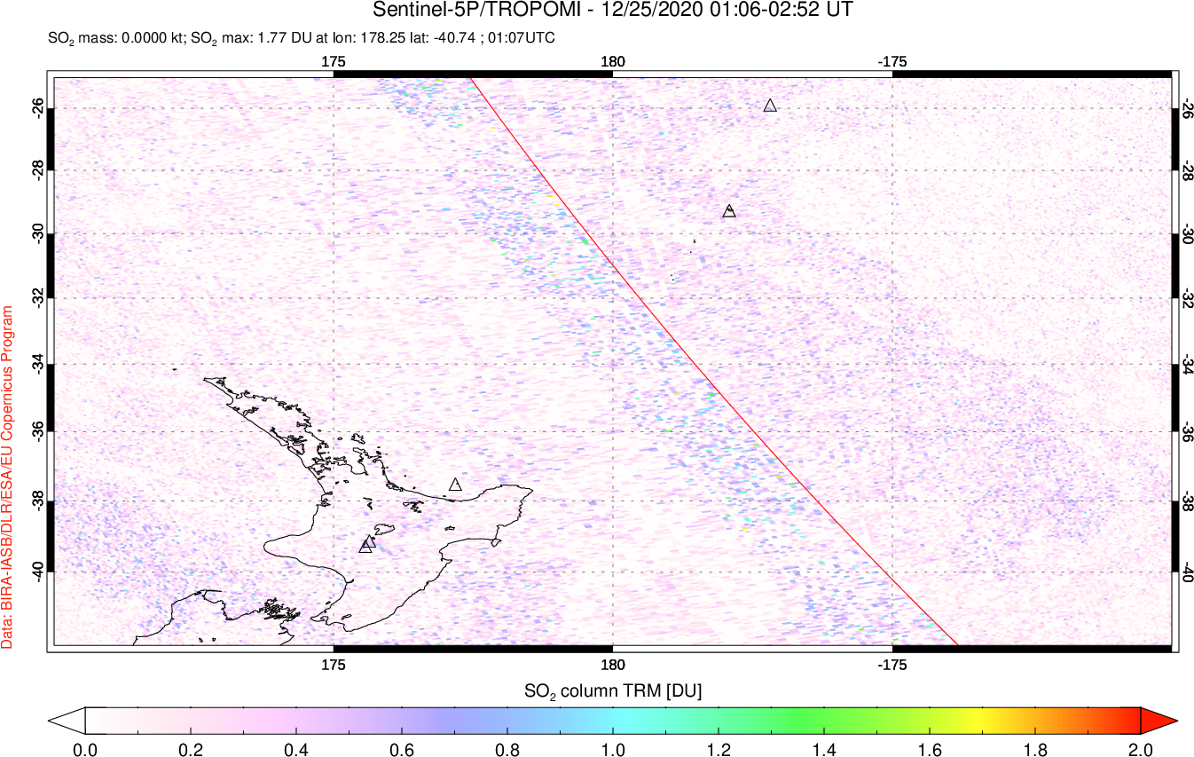 A sulfur dioxide image over New Zealand on Dec 25, 2020.