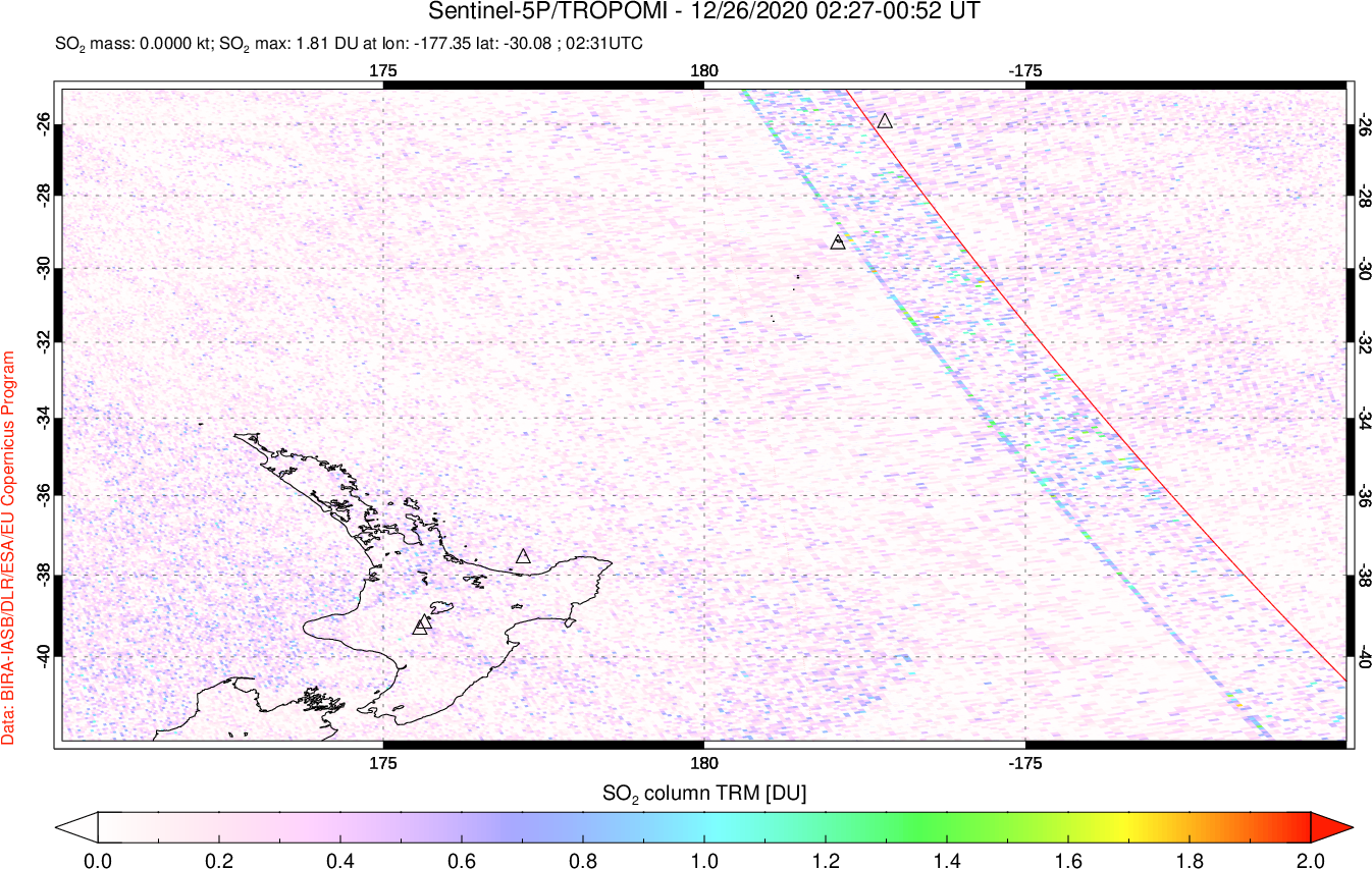 A sulfur dioxide image over New Zealand on Dec 26, 2020.