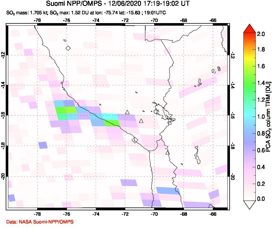 A sulfur dioxide image over Peru on Dec 06, 2020.