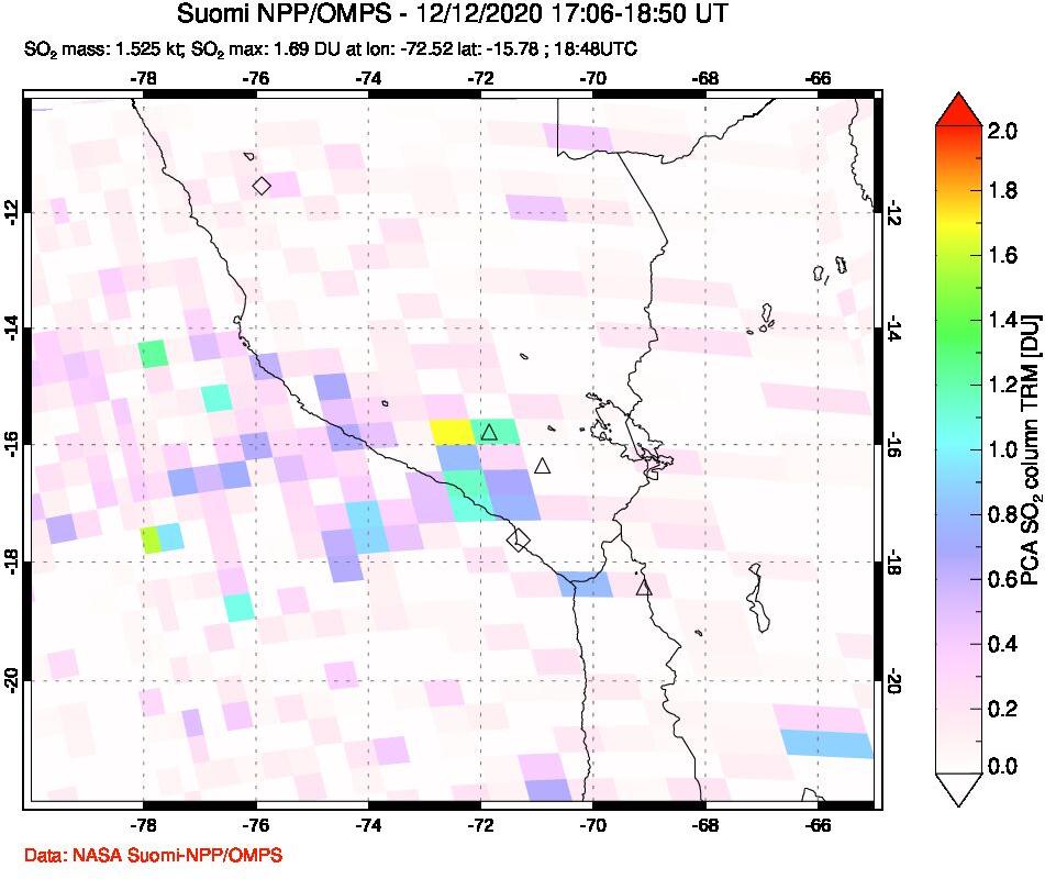 A sulfur dioxide image over Peru on Dec 12, 2020.