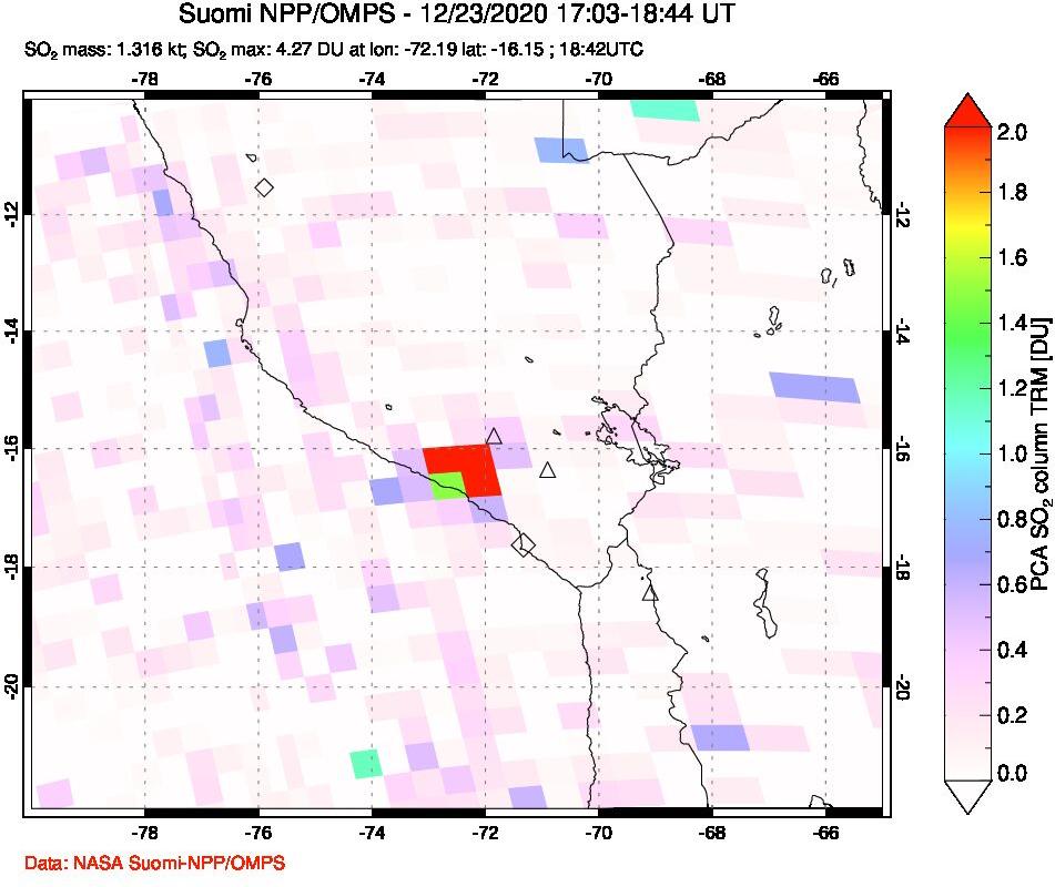 A sulfur dioxide image over Peru on Dec 23, 2020.