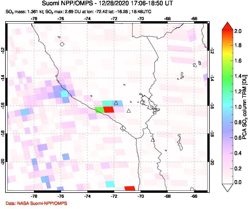 A sulfur dioxide image over Peru on Dec 28, 2020.
