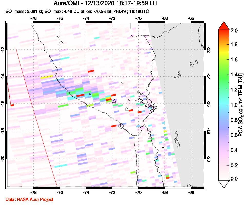 A sulfur dioxide image over Peru on Dec 13, 2020.