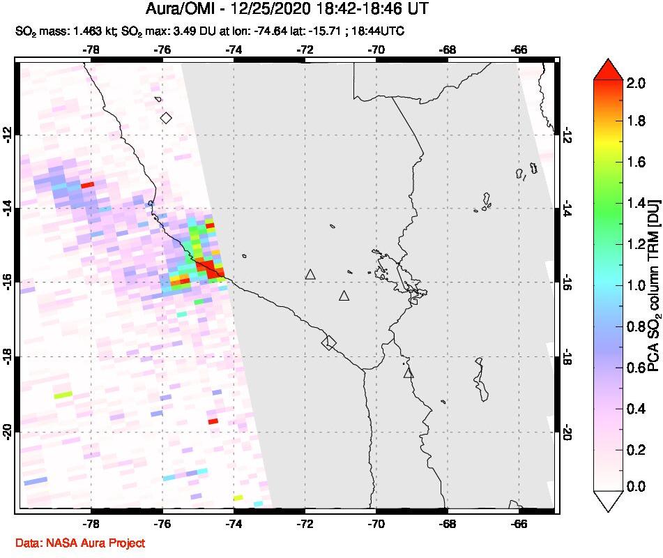 A sulfur dioxide image over Peru on Dec 25, 2020.